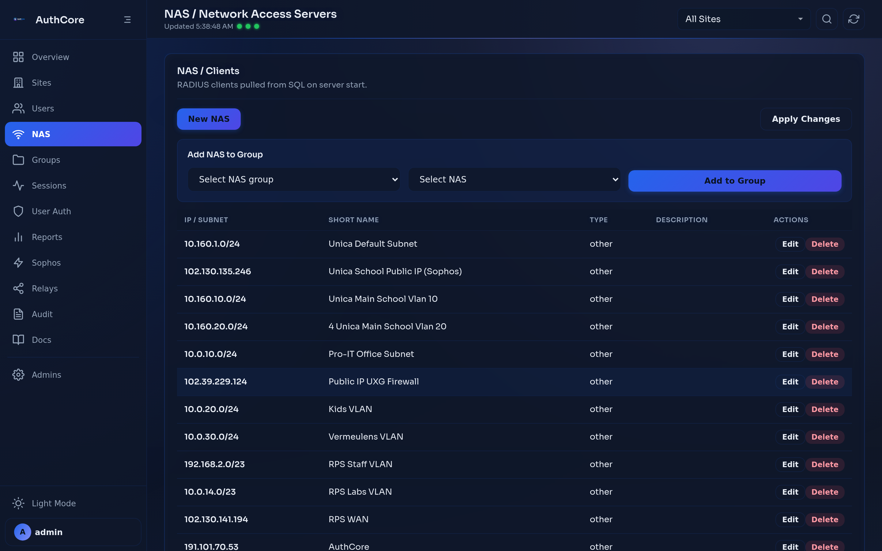 AuthCore NAS Management - configure access points, NAS groups, and SSID-based access control