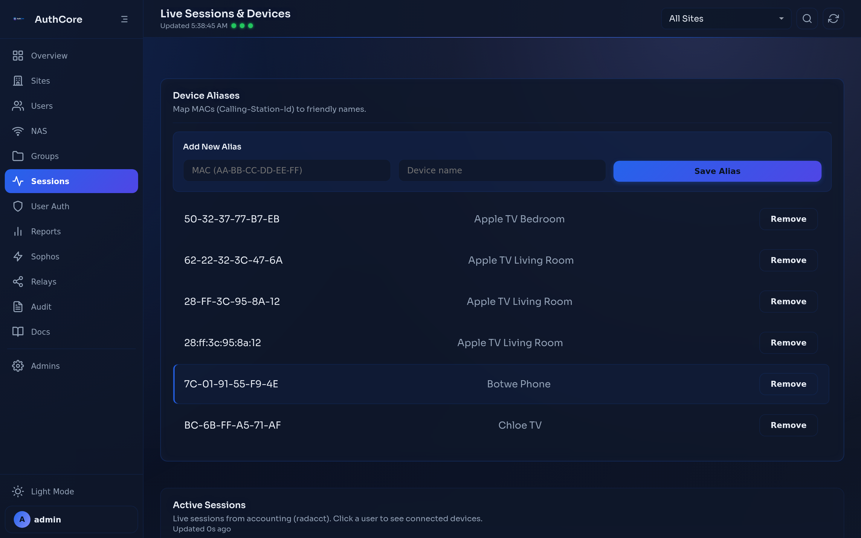 AuthCore Live Sessions - monitor active RADIUS sessions with device aliases and session details