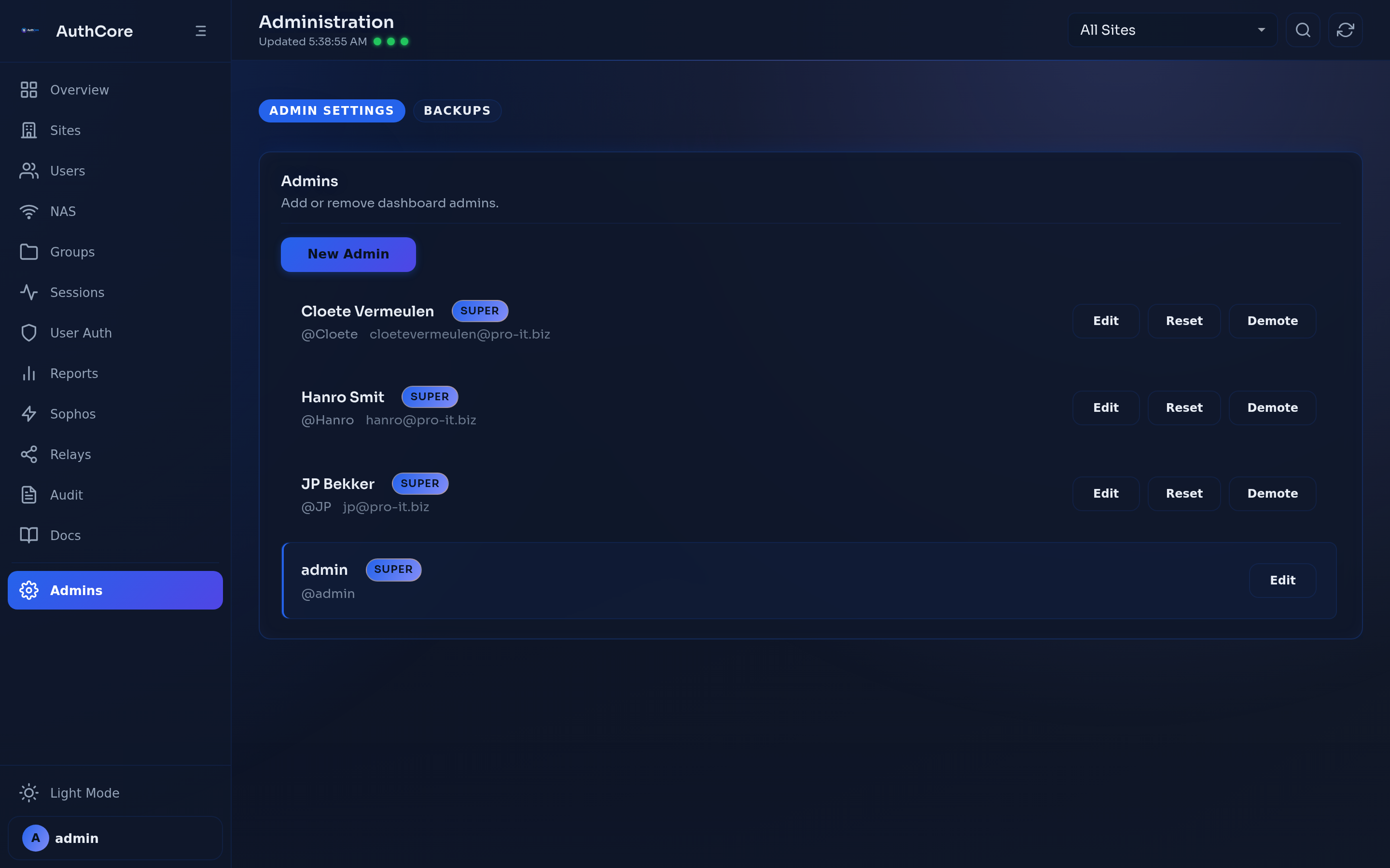 AuthCore Administration - manage admin accounts, backups, and system settings