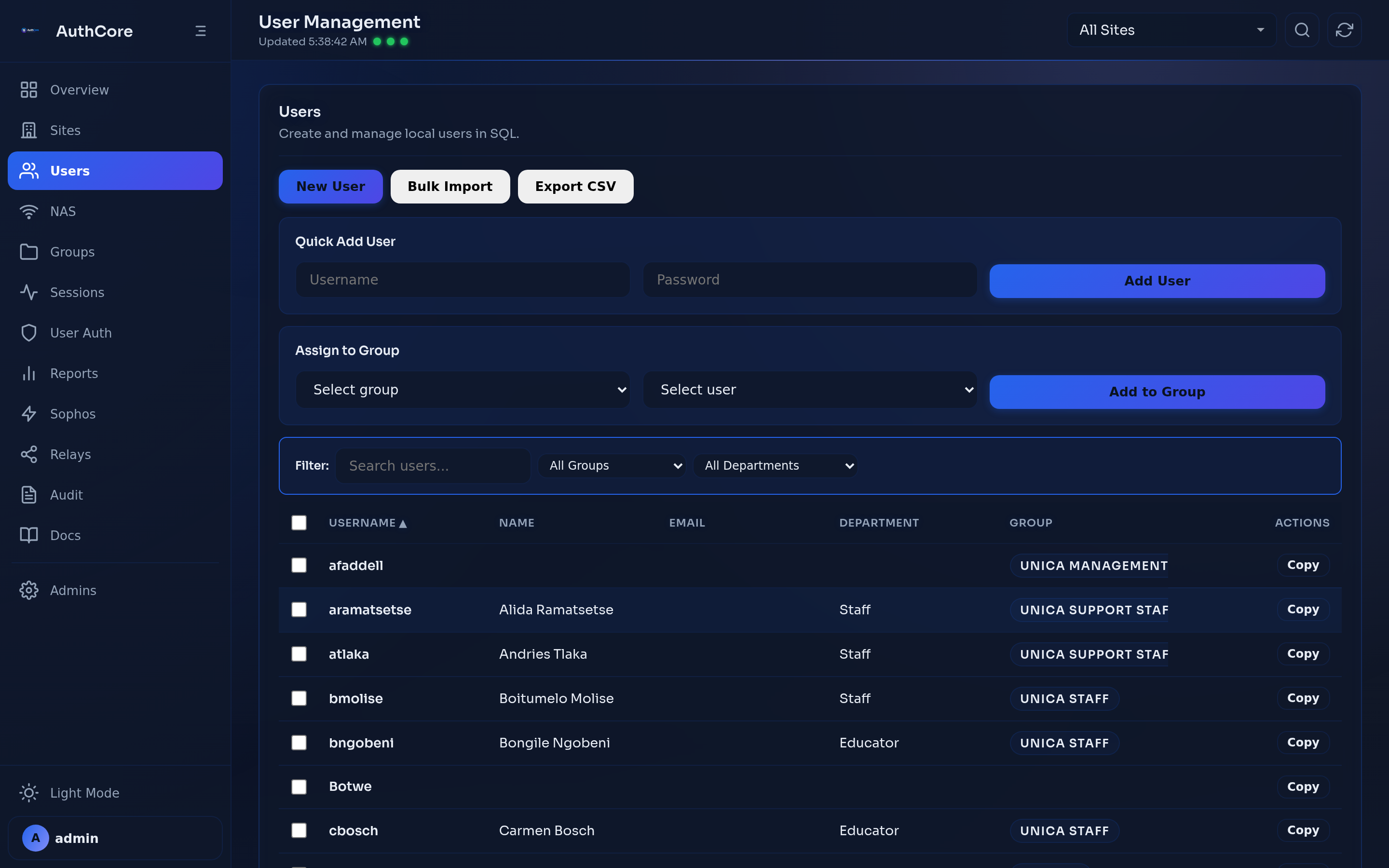 AuthCore User Management - create, edit, and manage RADIUS users with profiles and group assignments